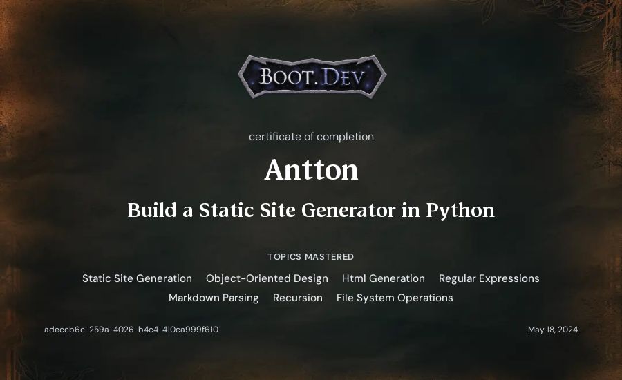 Antton's Boot.dev Build a Static Site Generator in Python certificate