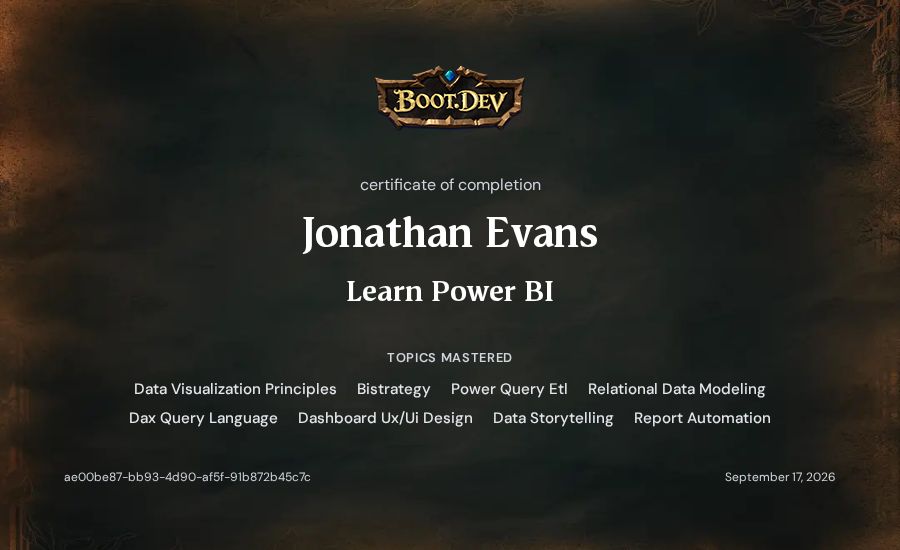 Jonathan Evans's Boot.dev Learn Power BI certificate