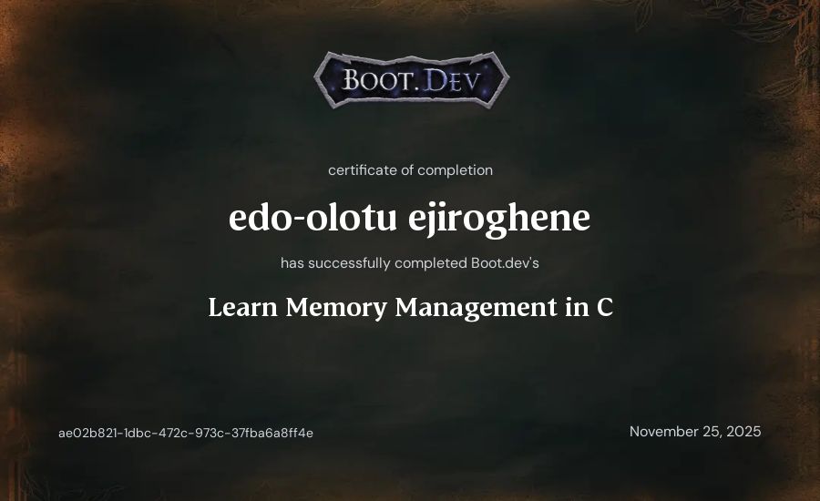 edo-olotu ejiroghene's Boot.dev Learn Memory Management in C certificate