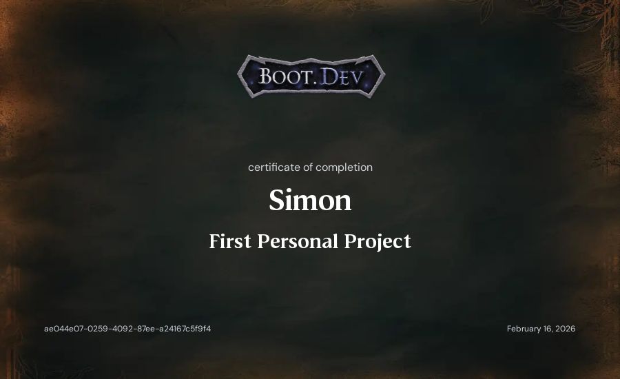 Simon's Boot.dev First Personal Project certificate
