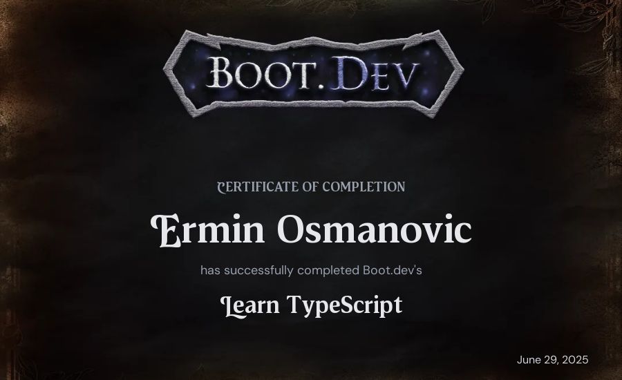 Ermin Osmanovic's Boot.dev Learn TypeScript certificate