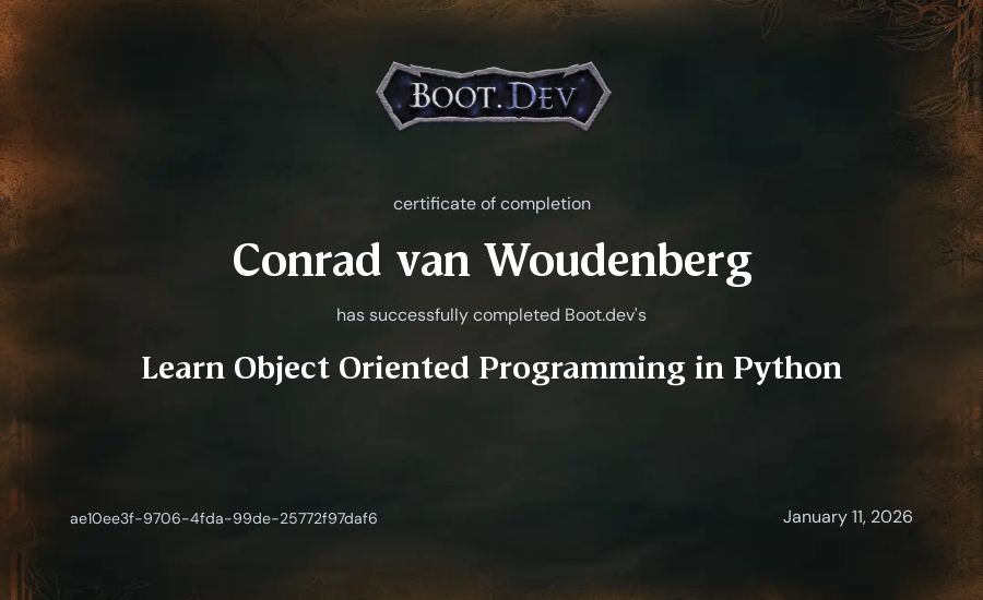 Conrad van Woudenberg's Boot.dev Learn Object Oriented Programming in Python certificate