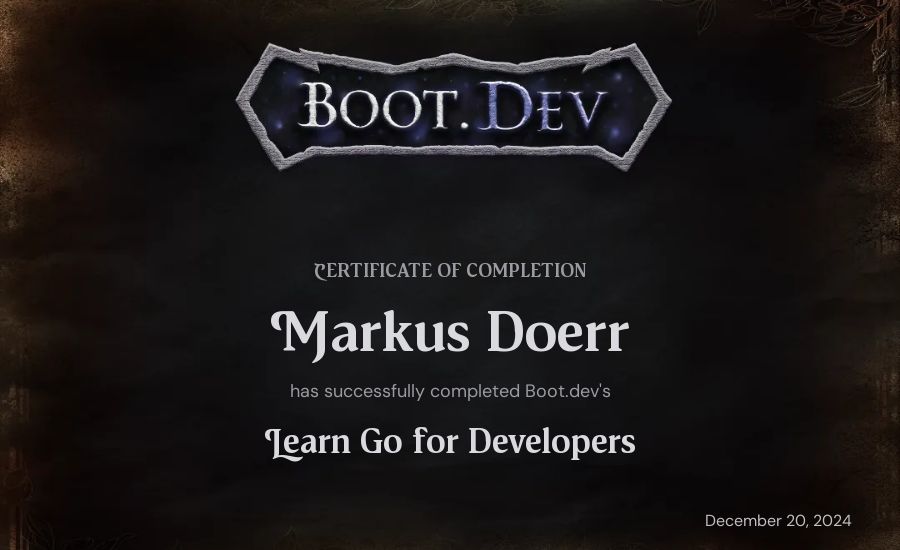 Markus Doerr's Boot.dev Learn Go certificate