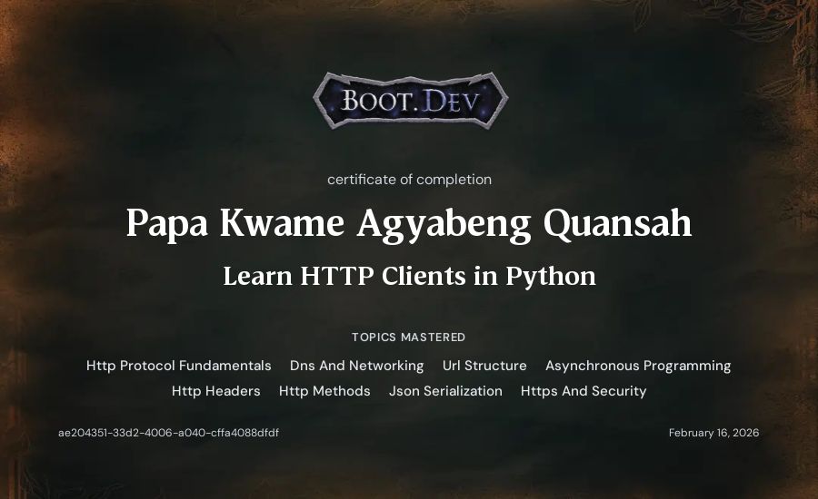 Papa Kwame Agyabeng Quansah's Boot.dev Learn HTTP Clients in Python certificate