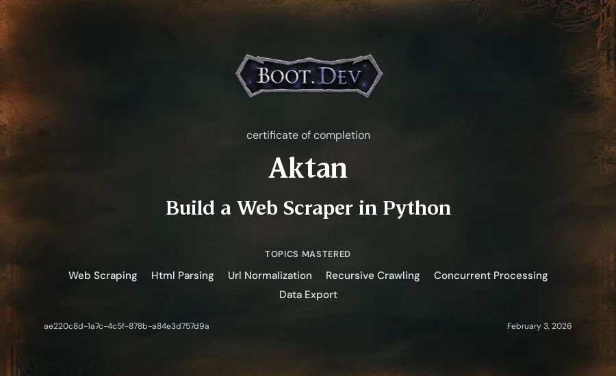 Aktan's Boot.dev Build a Web Scraper in Python certificate
