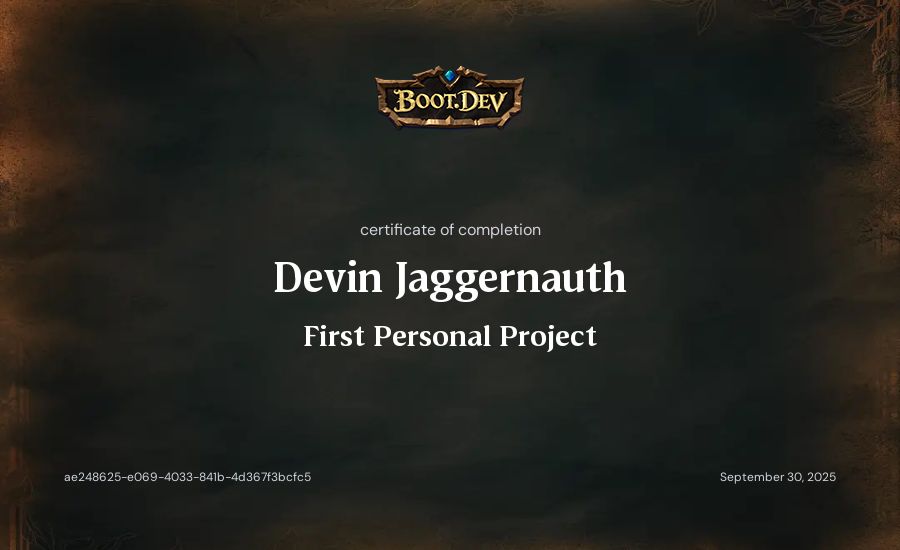 Devin Jaggernauth's Boot.dev First Personal Project certificate