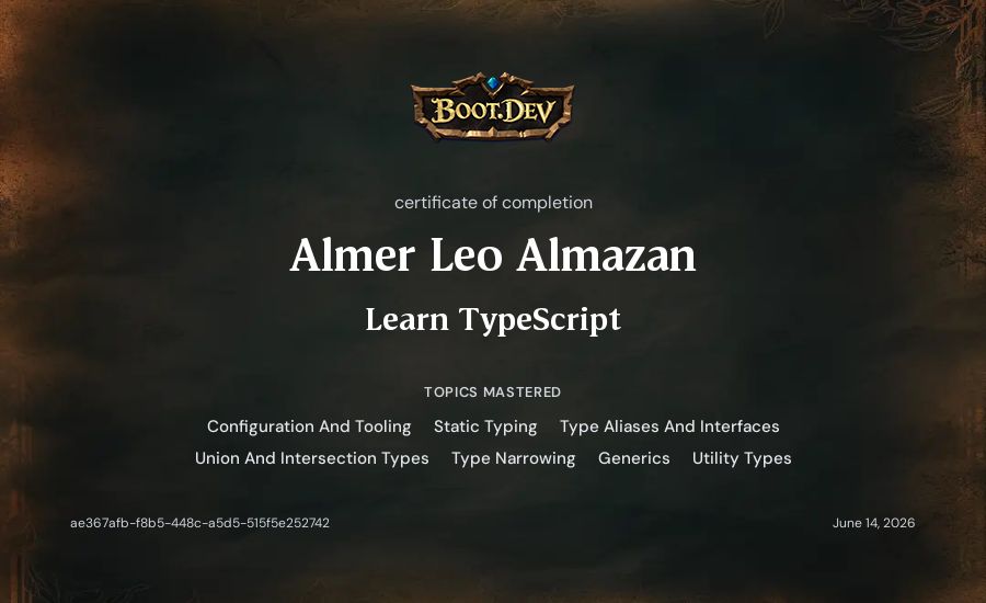 Almer Leo Almazan's Boot.dev Learn TypeScript certificate