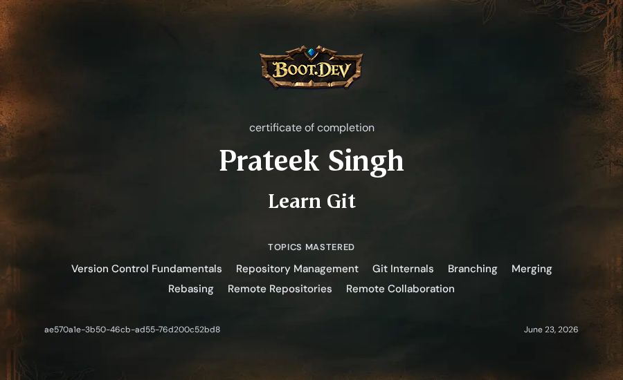 Prateek Singh's Boot.dev Learn Git certificate