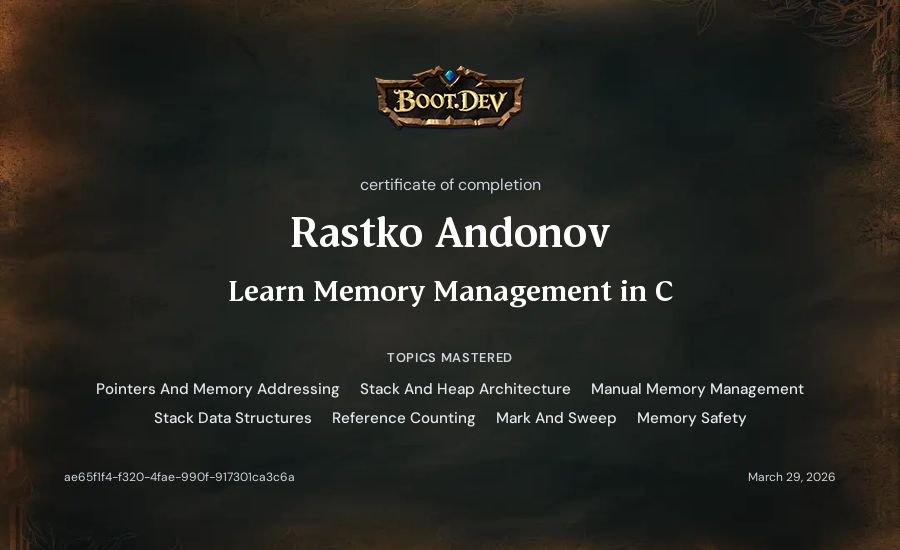 Rastko Andonov's Boot.dev Learn Memory Management in C certificate
