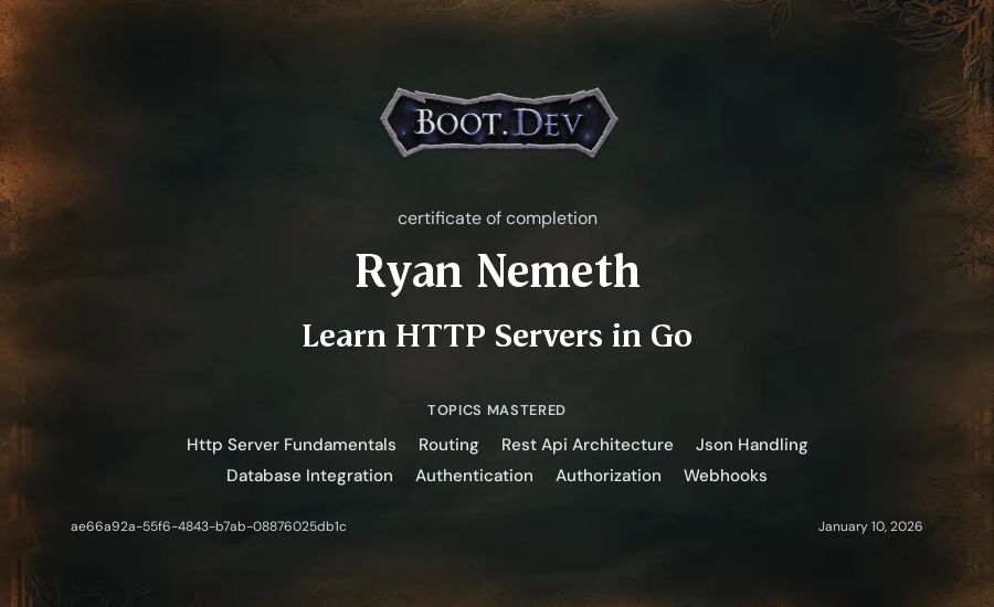 Ryan Nemeth's Boot.dev Learn HTTP Servers in Go certificate