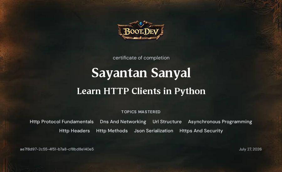 Sayantan Sanyal's Boot.dev Learn HTTP Clients in Python certificate