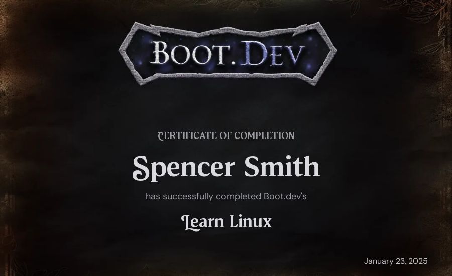 Spencer Smith's Boot.dev Learn Linux certificate