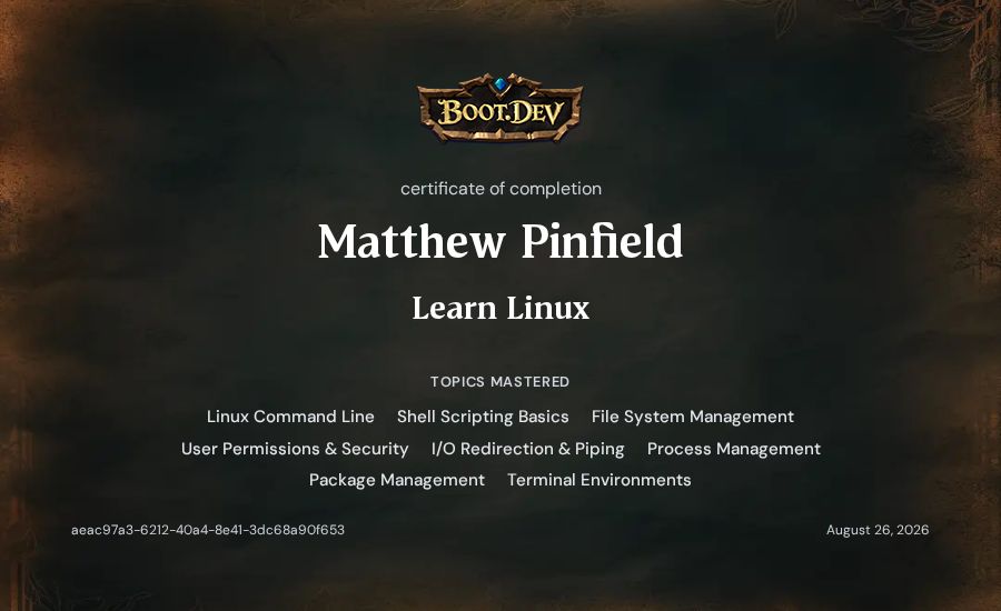 Matthew Pinfield's Boot.dev Learn Linux certificate