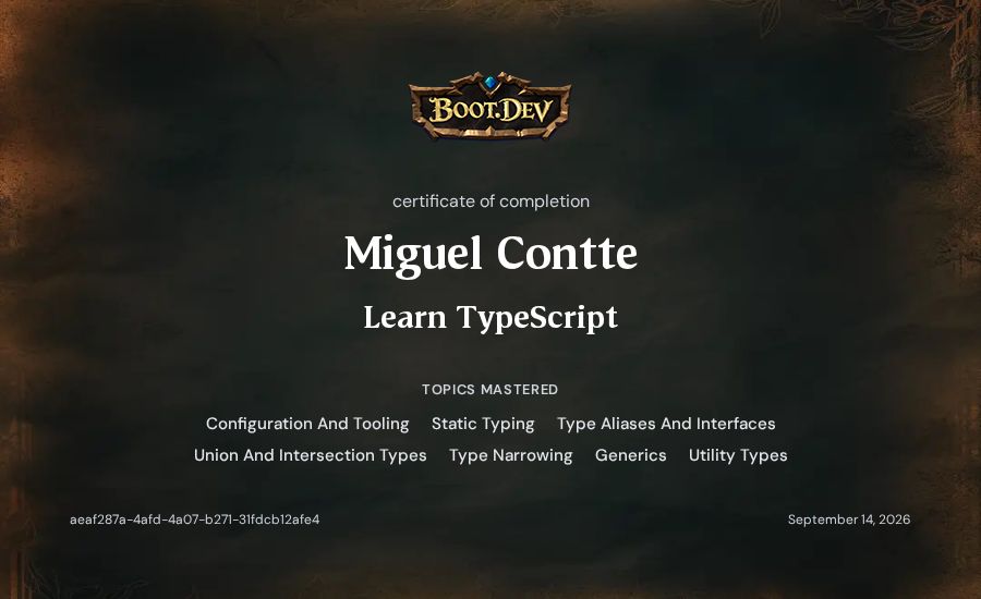 Miguel Contte's Boot.dev Learn TypeScript certificate