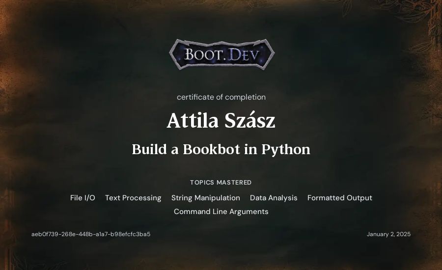 Attila Szász's Boot.dev Build a BookBot in Python certificate