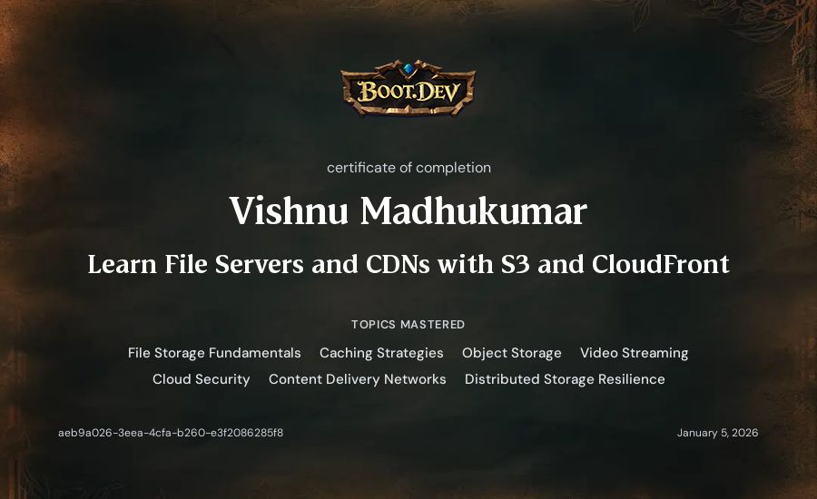 Vishnu Madhukumar's Boot.dev Learn File Servers and CDNs with S3 and CloudFront certificate