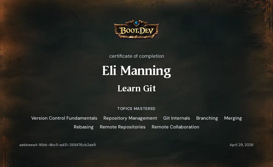 Eli Manning's Boot.dev Learn Git certificate