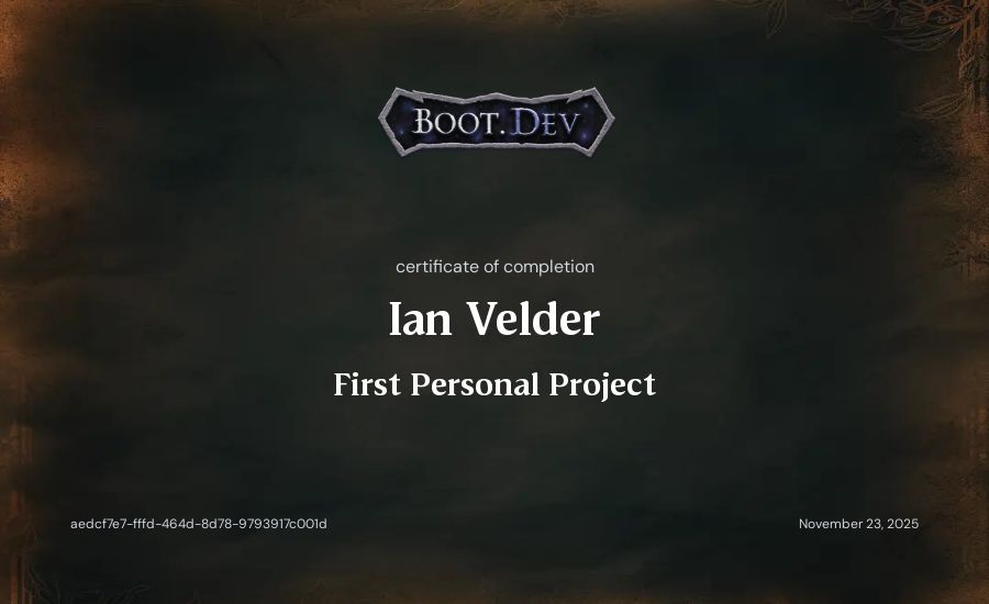 Ian Velder's Boot.dev First Personal Project certificate
