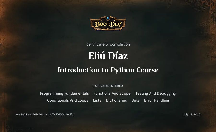 Eliú Díaz's Boot.dev Introduction to Python Course certificate