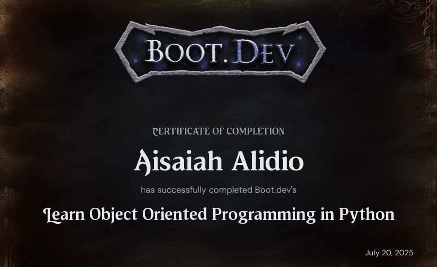 Aisaiah Alidio's Boot.dev Learn Object Oriented Programming in Python certificate