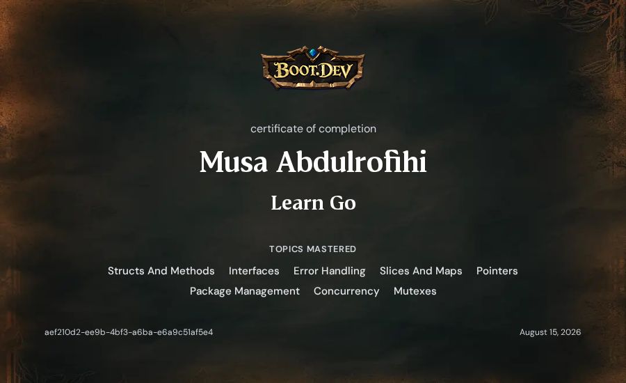 Musa Abdulrofihi's Boot.dev Learn Go certificate