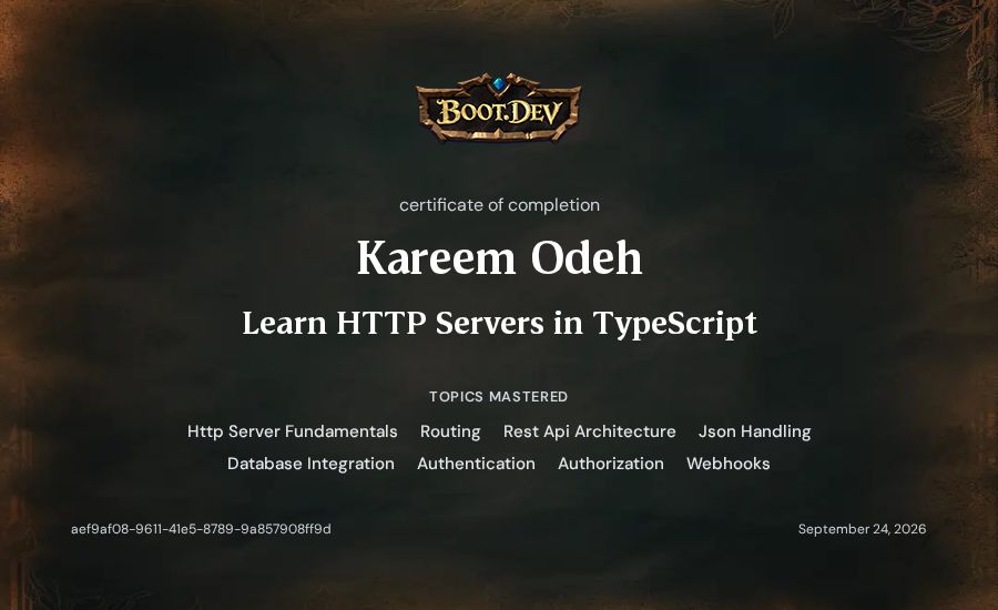 Kareem Odeh's Boot.dev Learn HTTP Servers in TypeScript certificate