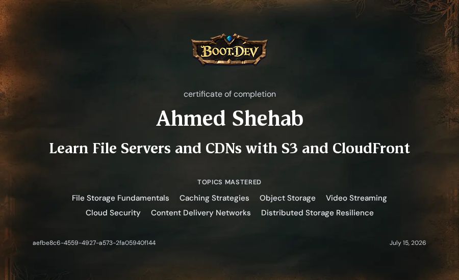 Ahmed Shehab's Boot.dev Learn File Servers and CDNs with S3 and CloudFront certificate