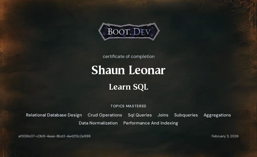Shaun Leonar's Boot.dev Learn SQL certificate