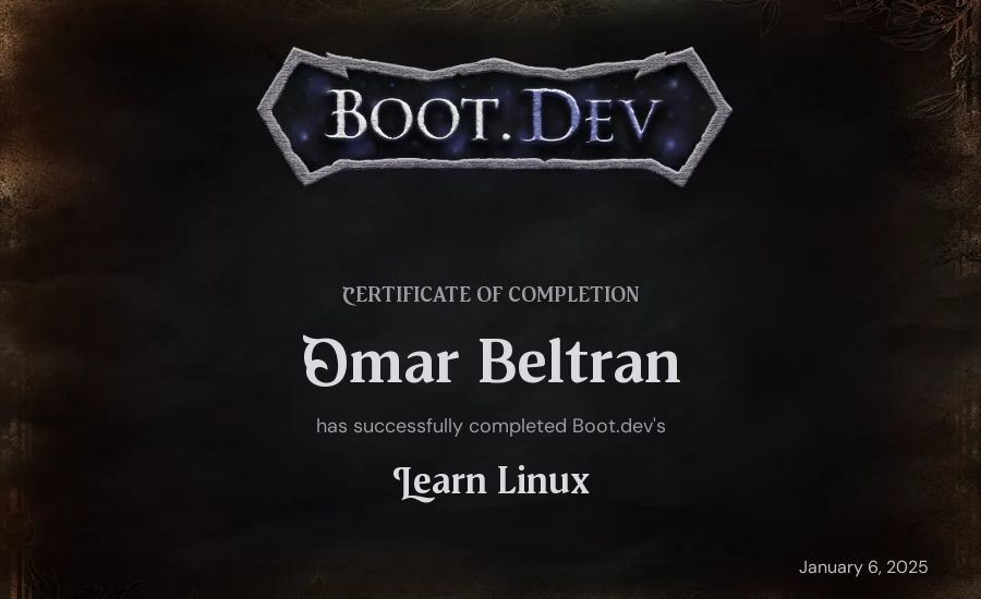 Omar Beltran's Boot.dev Learn Linux certificate