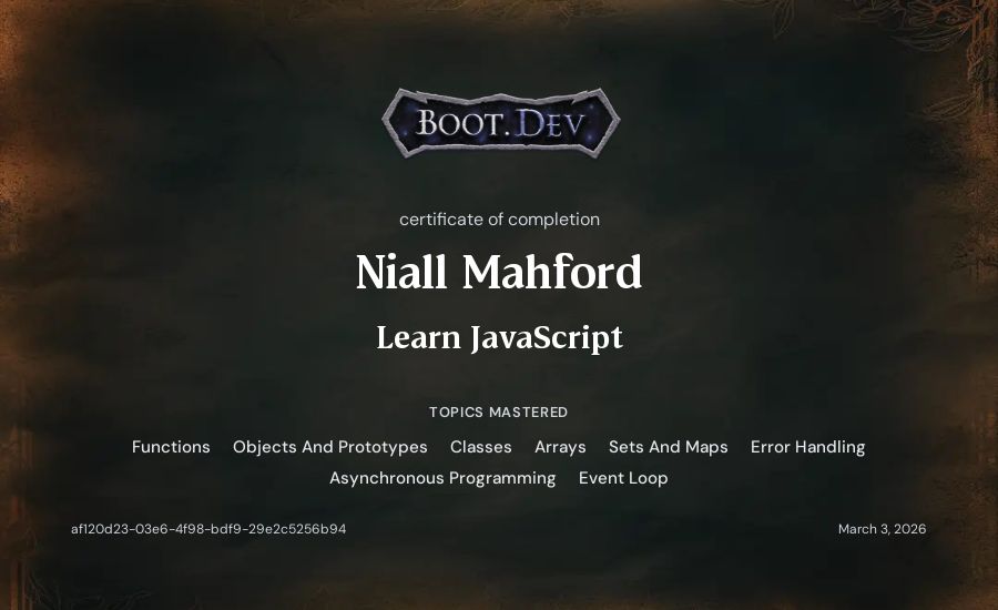 Niall Mahford's Boot.dev Learn JavaScript certificate