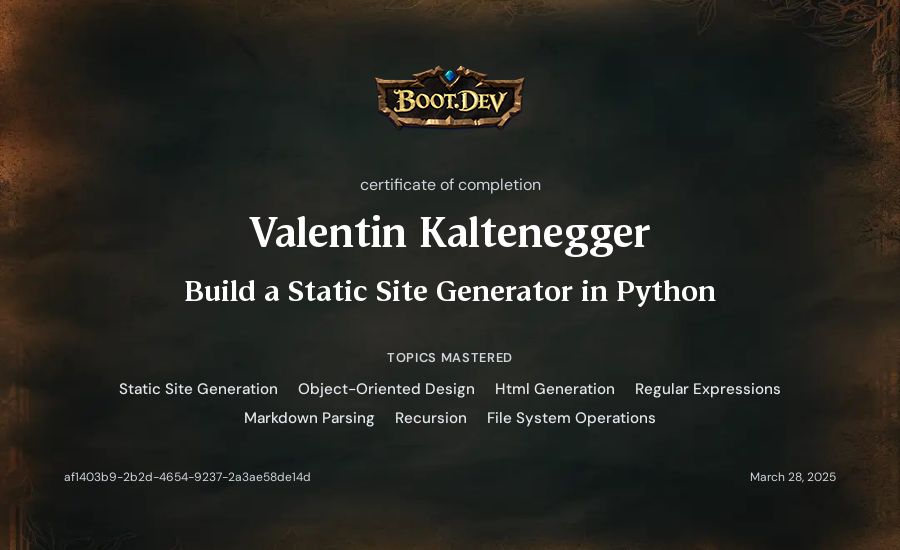Valentin Kaltenegger's Boot.dev Build a Static Site Generator in Python certificate