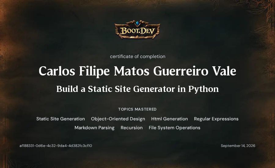 Carlos Valente's Boot.dev Build a Static Site Generator in Python certificate