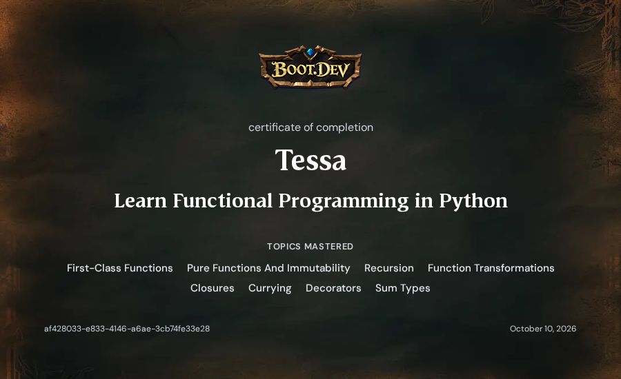 Tessa's Boot.dev Learn Functional Programming in Python certificate
