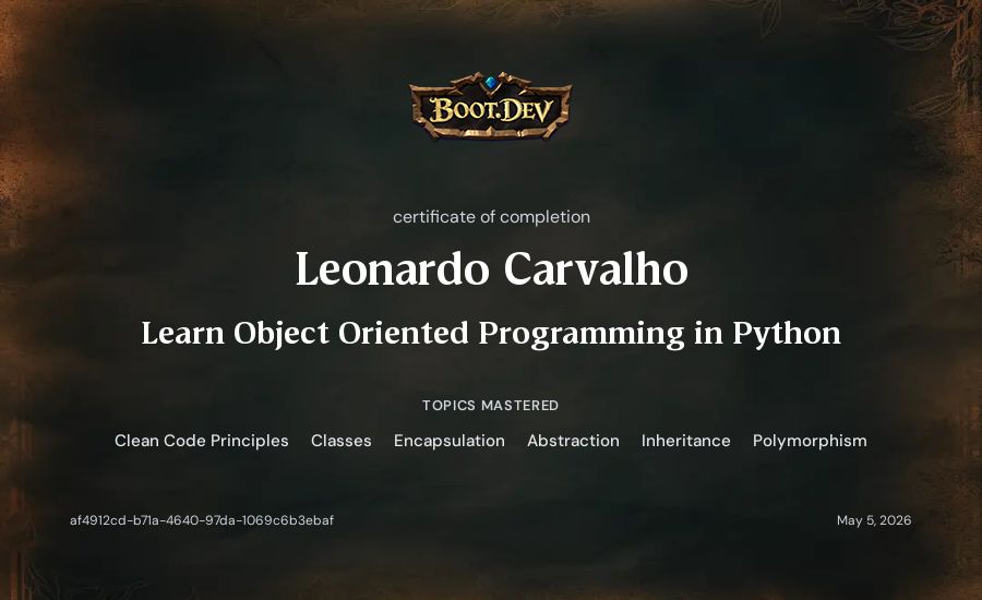 Leonardo Carvalho's Boot.dev Learn Object Oriented Programming in Python certificate