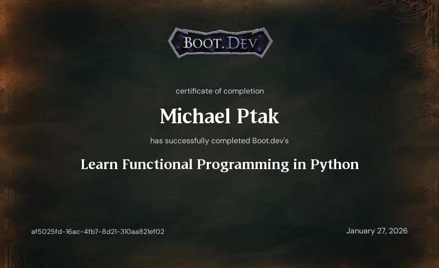 Michael Ptak's Boot.dev Learn Functional Programming in Python certificate