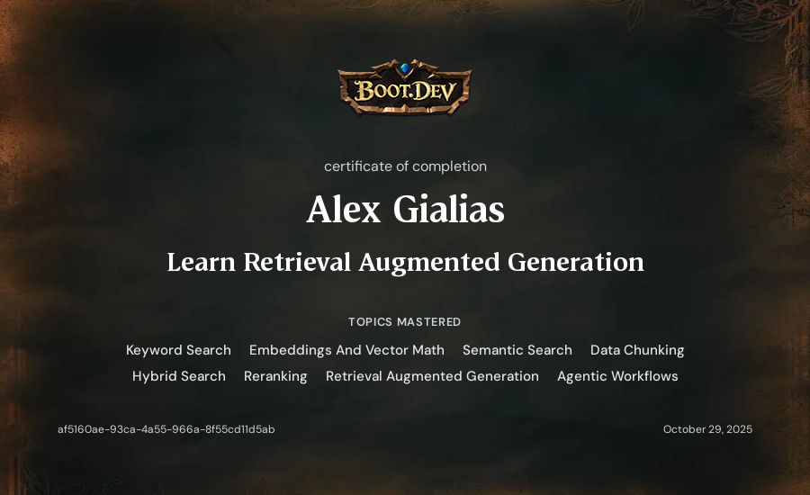 Alex Gialias's Boot.dev Learn Retrieval Augmented Generation certificate