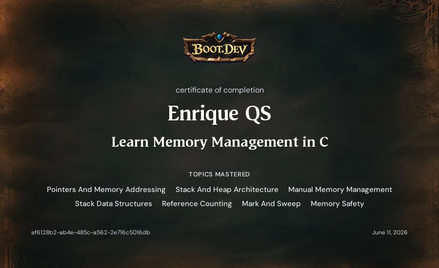 Enrique QS's Boot.dev Learn Memory Management in C certificate