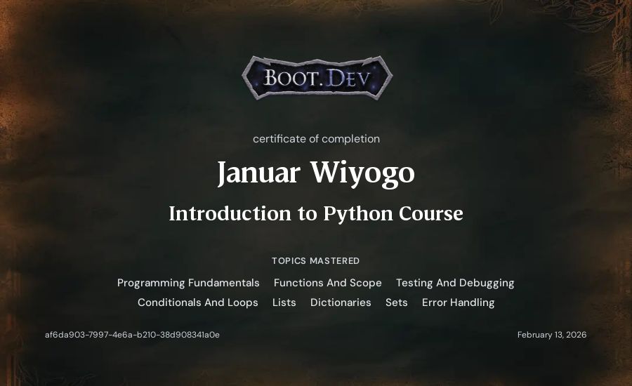 Januar Wiyogo's Boot.dev Introduction to Python Course certificate