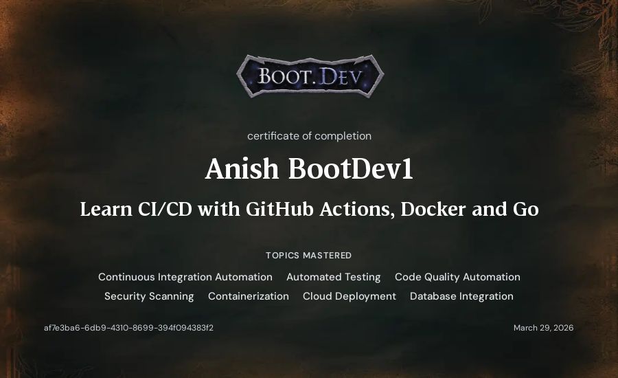 Anish BootDev1's Boot.dev Learn CI/CD with GitHub Actions, Docker and Go certificate