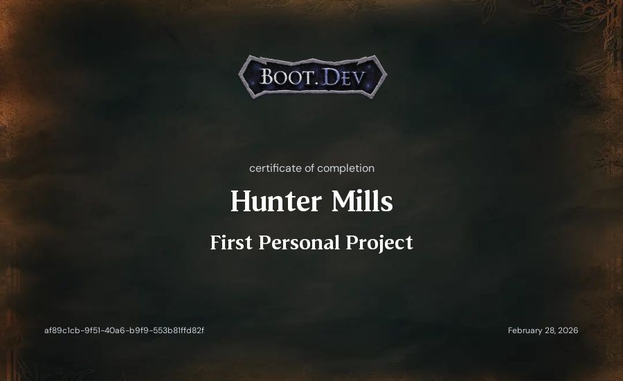 Hunter Mills's Boot.dev First Personal Project certificate