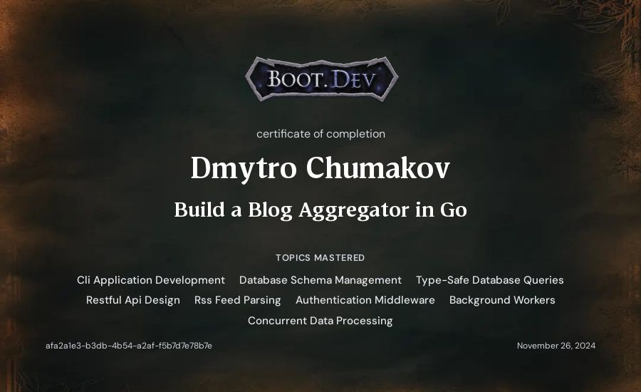 Dmytro Chumakov's Boot.dev Build a Blog Aggregator in Go certificate