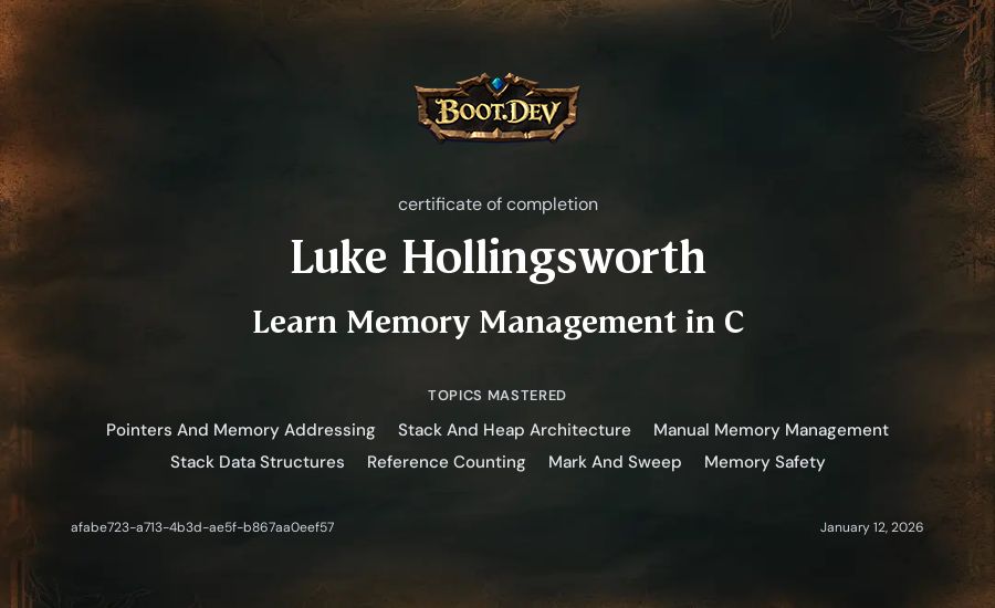 Luke Hollingsworth's Boot.dev Learn Memory Management in C certificate