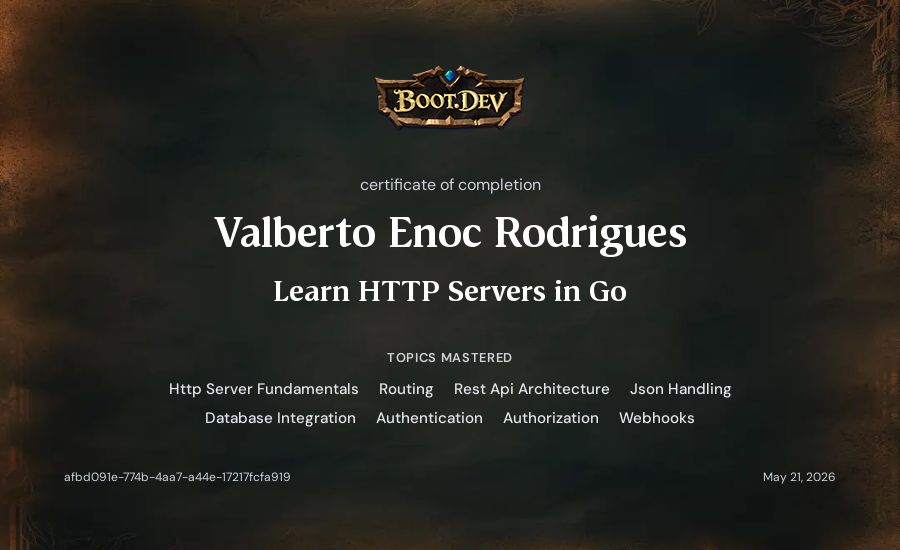 Valberto Enoc Rodrigues's Boot.dev Learn HTTP Servers in Go certificate