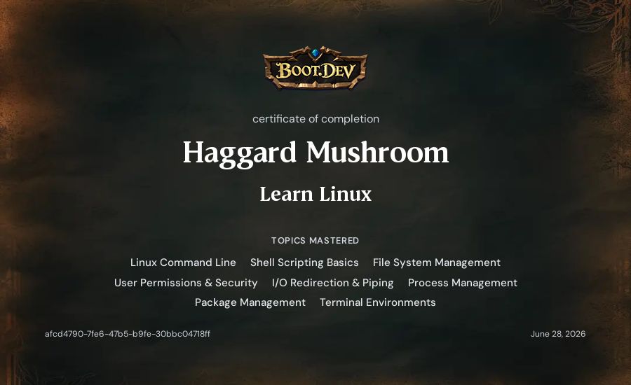 Haggard Mushroom's Boot.dev Learn Linux certificate