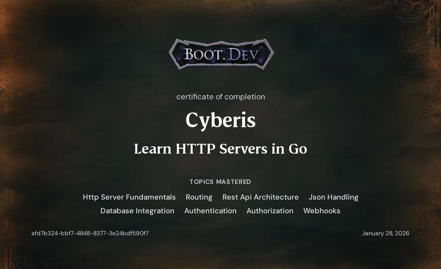 Cyberis's Boot.dev Learn HTTP Servers in Go certificate
