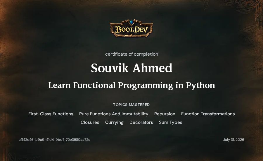Souvik Ahmed's Boot.dev Learn Functional Programming in Python certificate