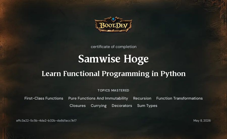 Samwise Hoge's Boot.dev Learn Functional Programming in Python certificate