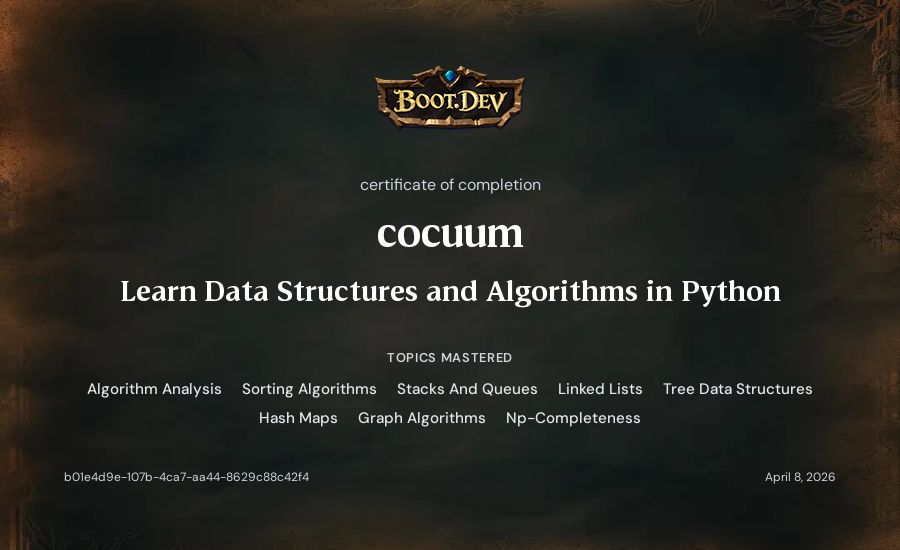 cocuum's Boot.dev Learn Data Structures and Algorithms in Python certificate