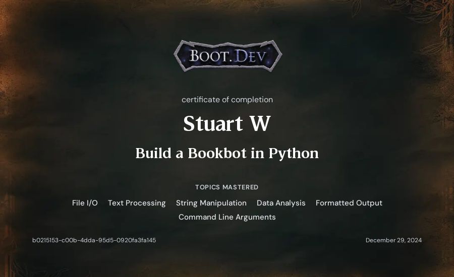 Stuart W's Boot.dev Build a Bookbot in Python certificate