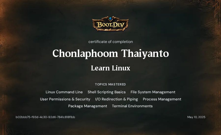 Chonlaphoom Thaiyanto's Boot.dev Learn Linux certificate
